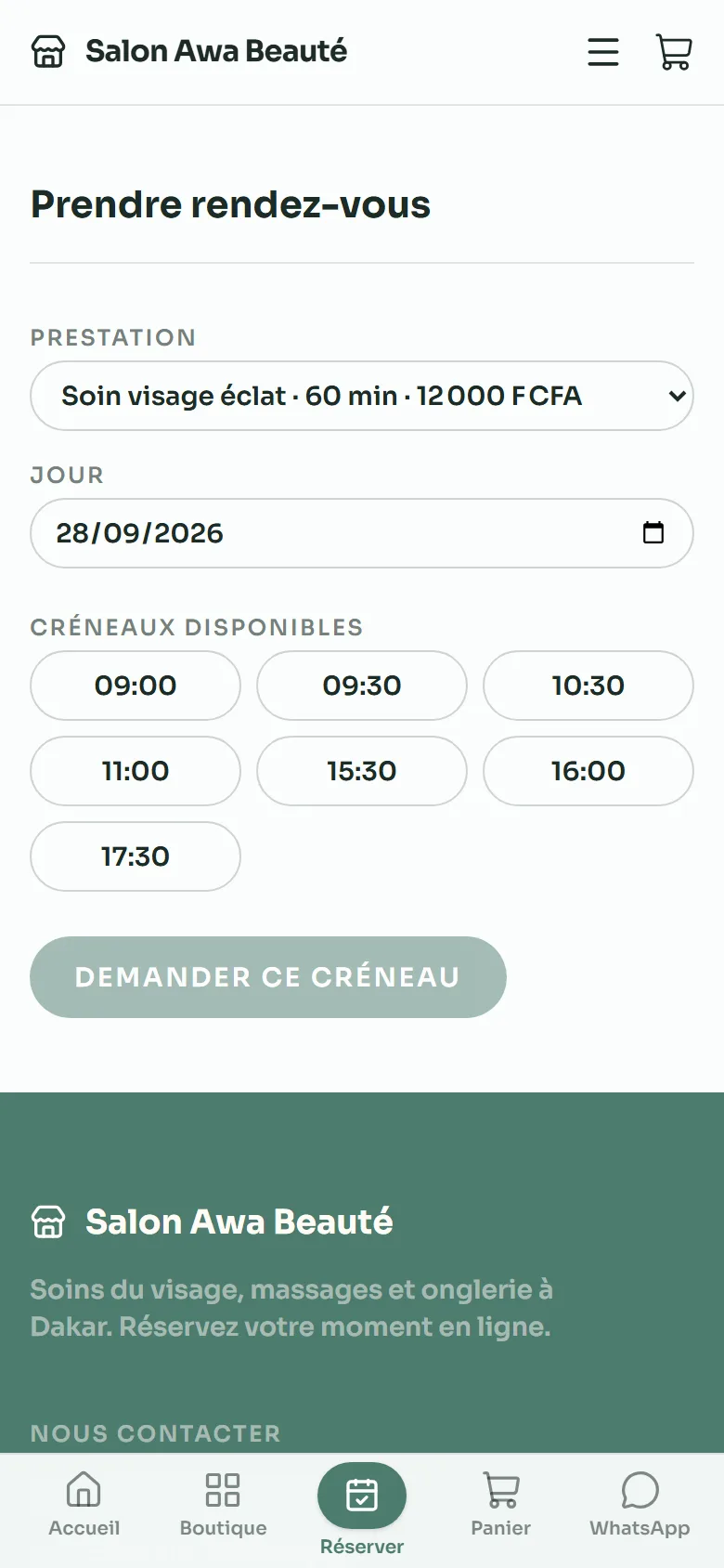 Prise de rendez-vous en ligne sur le site d'un salon créé avec Bitiko : créneaux disponibles