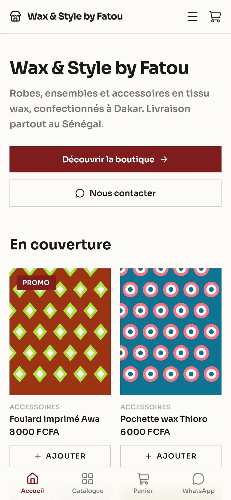 Boutique de mode créée avec Bitiko, vue sur téléphone