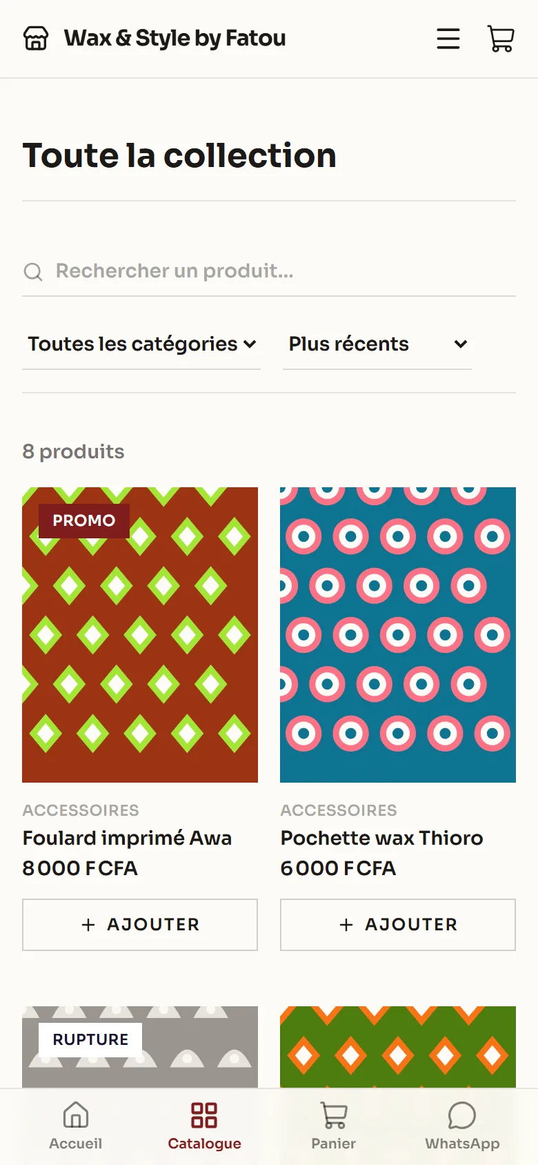 Catalogue avec recherche et filtres sur téléphone