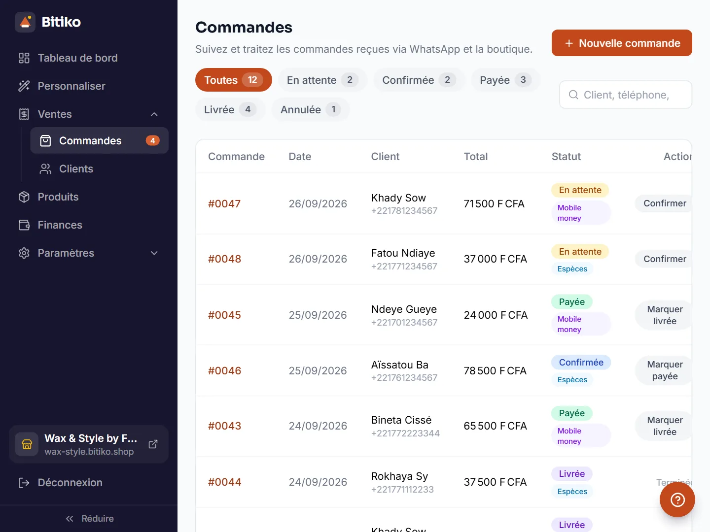 Liste des commandes Bitiko avec statuts et boutons d'action