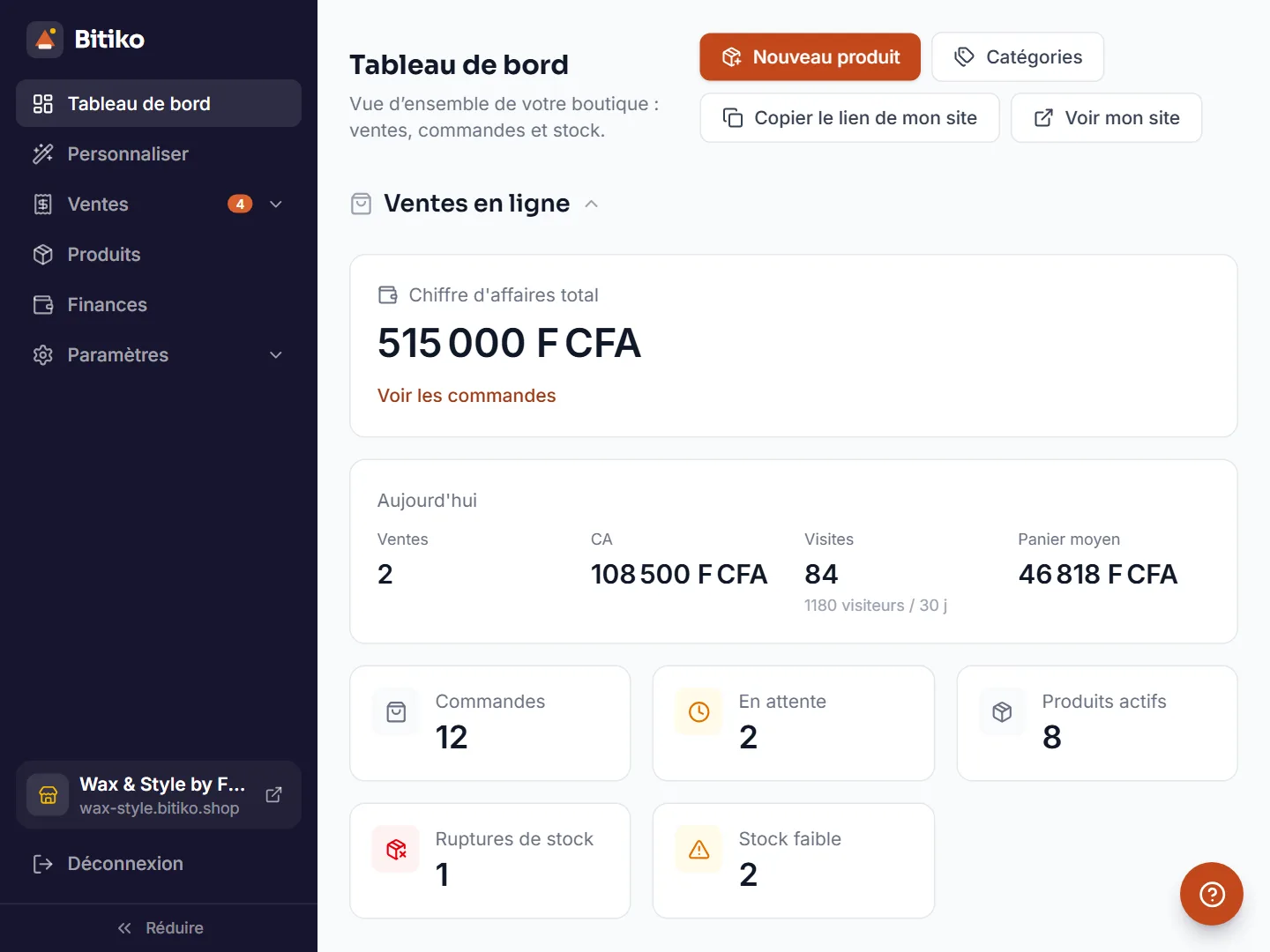 Tableau de bord Bitiko d'une boutique : ventes du jour, commandes, stock à surveiller
